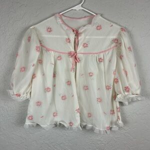Women’s Vintage White Ruffle Velvet Pink Flowers Pink Ribbon Tie Bedroom Jacket